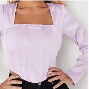 Missguided Lilac Long Sleeve Corset Cut out Satin top Coquette Regencycore sz 4